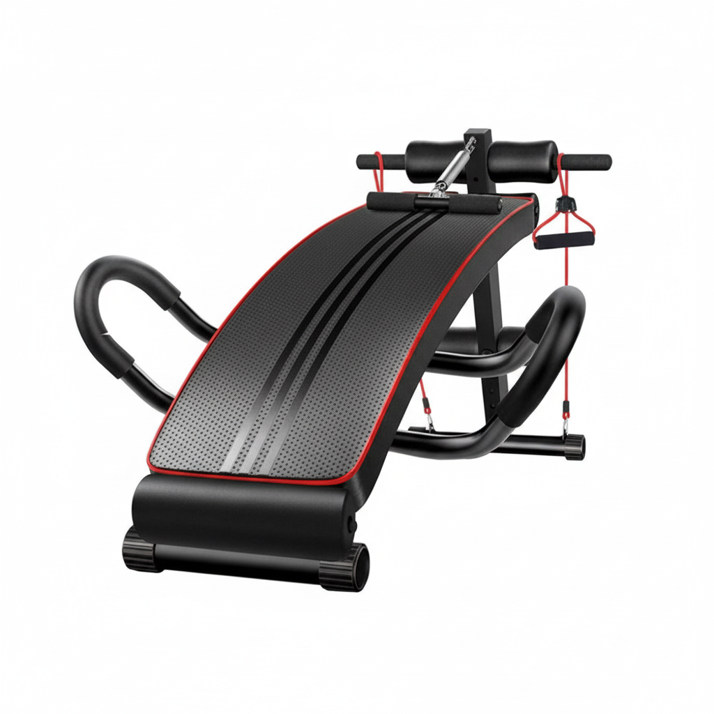 Adjustable fitness bench with elastic resistance band in black and red