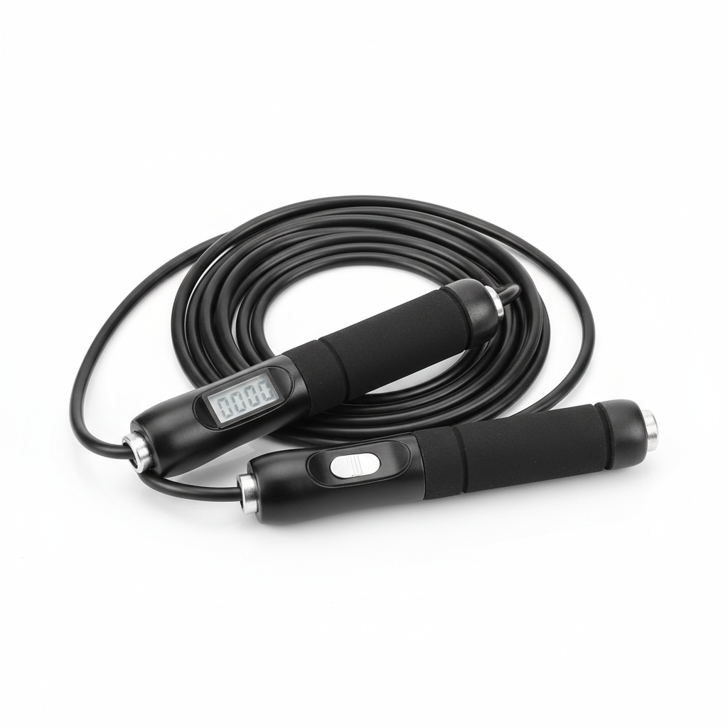 Black skipping rope with ergonomic handles and built-in counter, 250cm